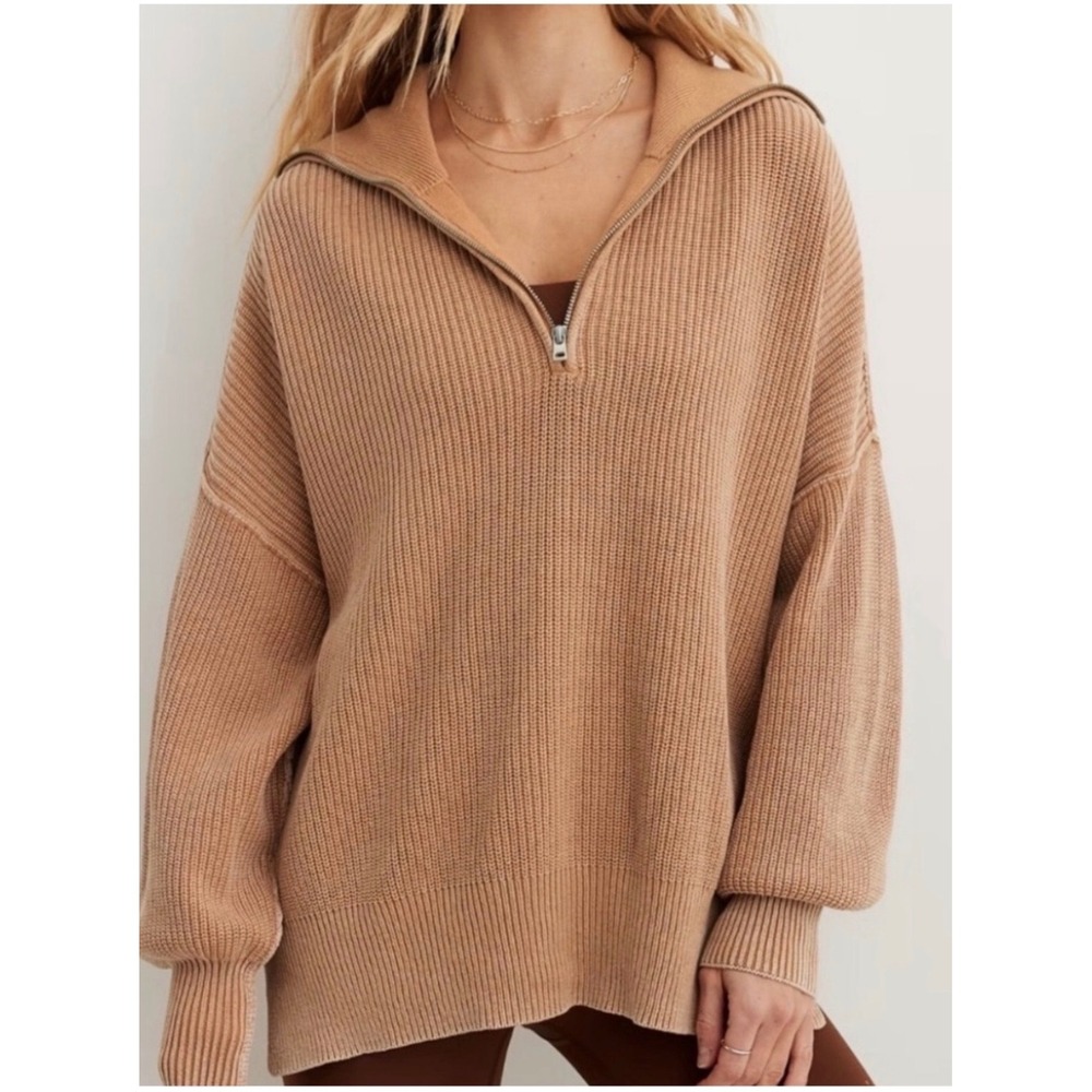 Aerie Beyond Quarter Zip 100% Cotton Sweater Tan Oversized Ribbed Womens XXL